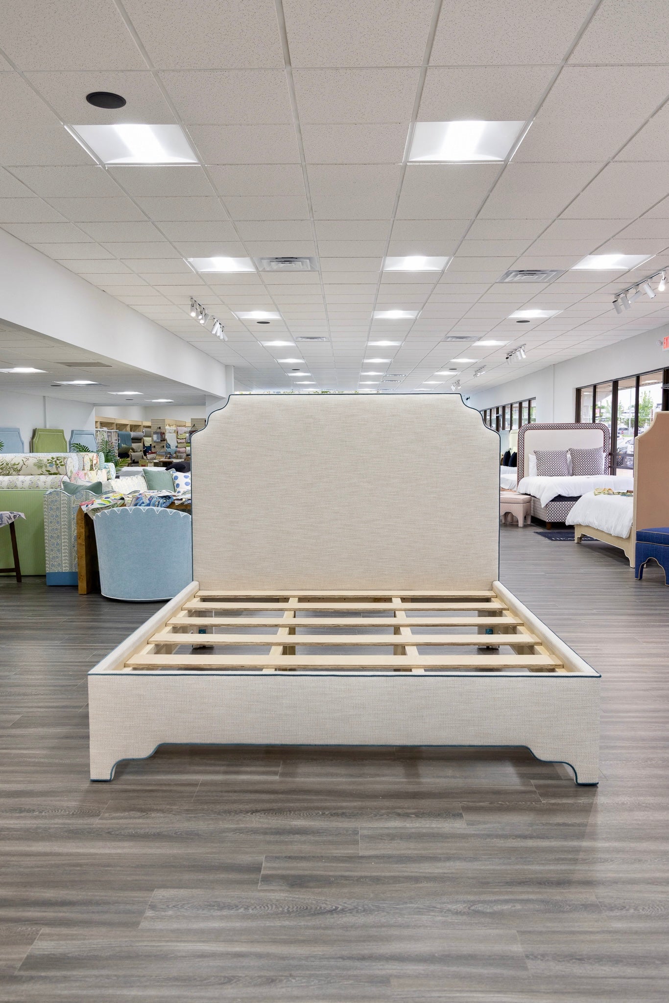 65"H Helena King Platform Bed - Scalloped Legs - Performance Linen Fabric - Dark Teal Trim