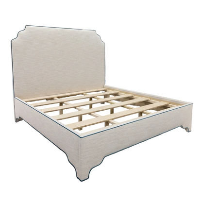 65"H Helena King Platform Bed - Scalloped Legs - Performance Linen Fabric - Dark Teal Trim