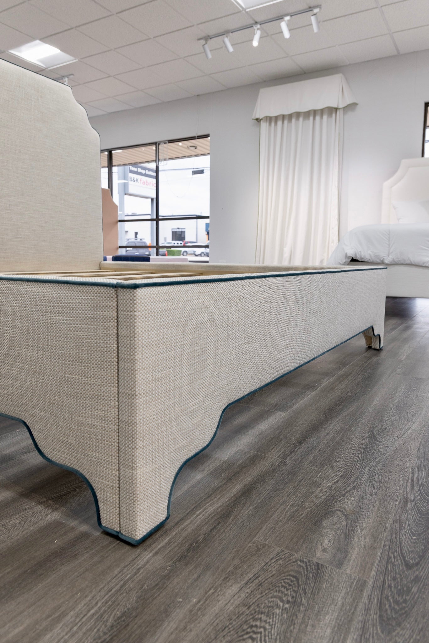 65"H Helena King Platform Bed - Scalloped Legs - Performance Linen Fabric - Dark Teal Trim