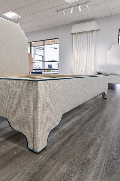 65"H Helena King Platform Bed - Scalloped Legs - Performance Linen Fabric - Dark Teal Trim