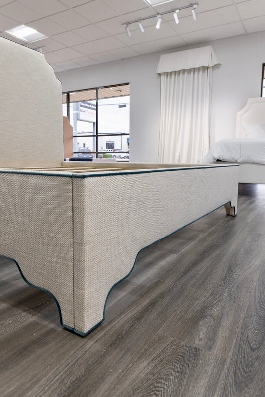 65"H Helena King Platform Bed - Scalloped Legs - Performance Linen Fabric - Dark Teal Trim
