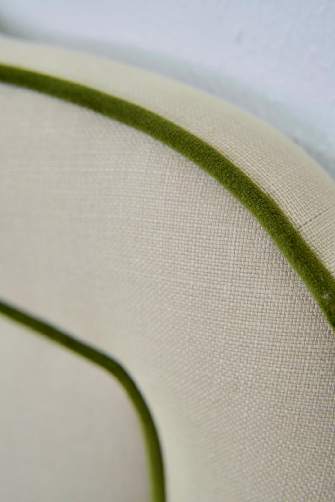 65"H King Bed  - Pale Sage Green Linen Fabric with Olive Green Velvet Trim