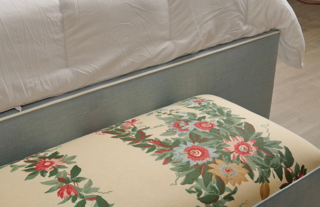 50” L Scalloped End of Bed Bench in Sky Blue Woven Fabric - White Trim