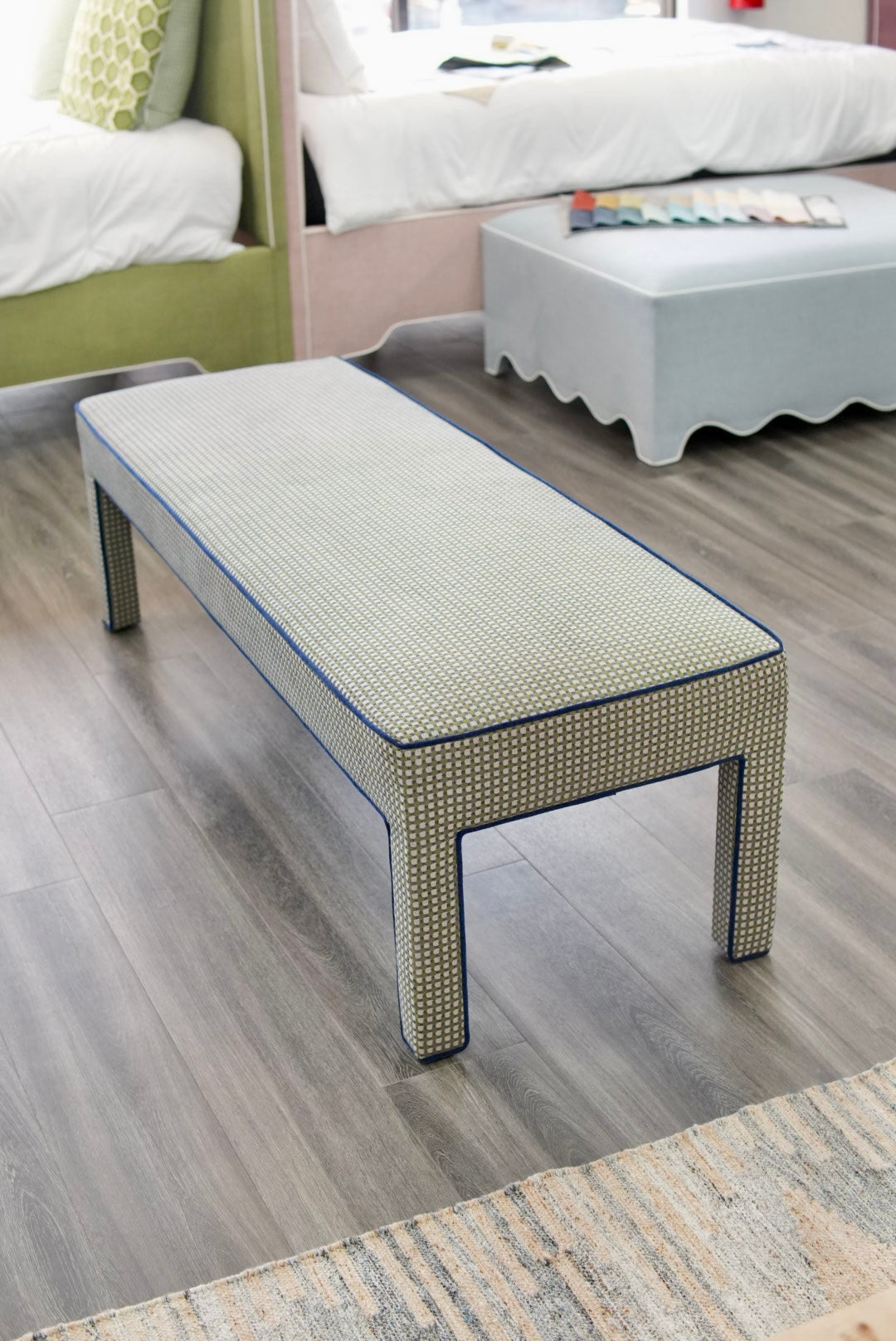 Custom Upholstered Bench in Thibaut Fabric - Navy Trim