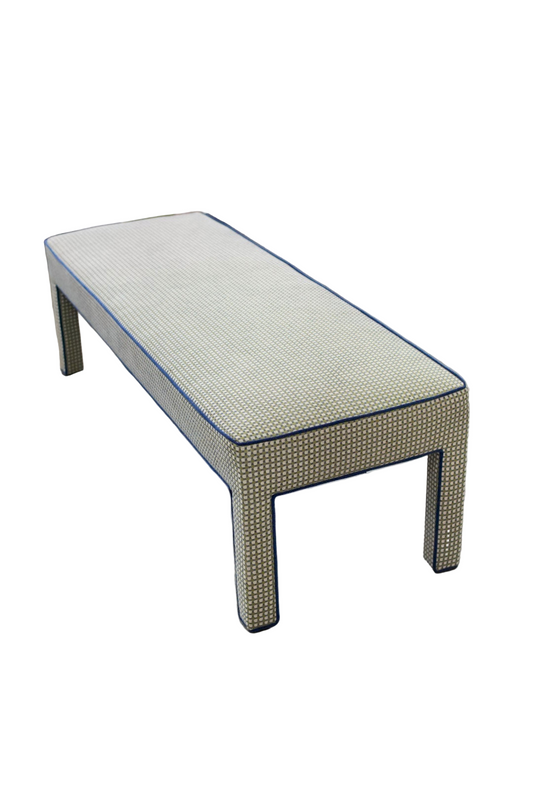 Custom Upholstered Bench in Thibaut Fabric - Navy Trim