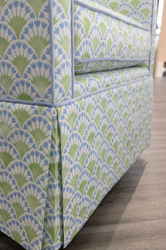 Custom Swivel Glider Chair – Floral Green / Blue Fabric with Blue Trim