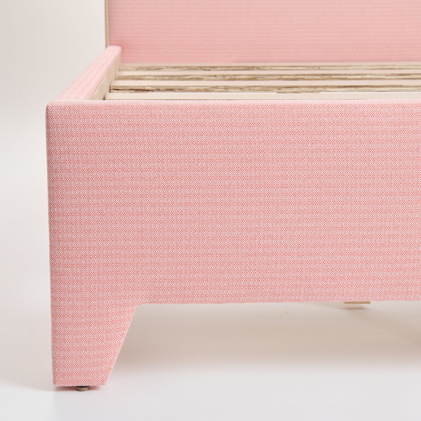 The Celeste Queen Bed - Performance Coral Linen Fabric - Pear Green Trim