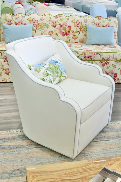 Custom Scalloped Swivel Chair: White Performance Fabric - Sky Blue Trim