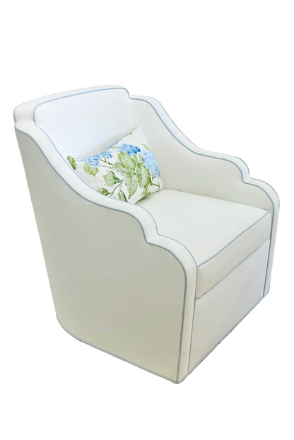 Custom Scalloped Swivel Chair: White Performance Fabric - Sky Blue Trim