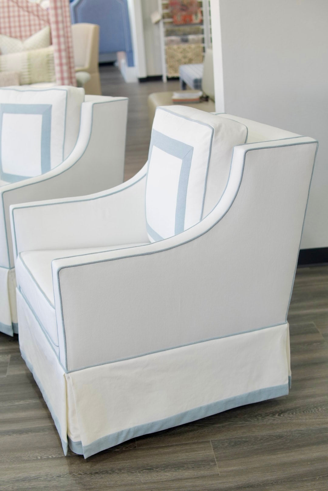 Custom Swivel Glider Chair – White Linen with Sky Blue Trim