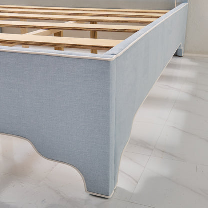 65" H King Platform Bed - Scalloped Legs - Sky Blue Woven Fabric with White Trim