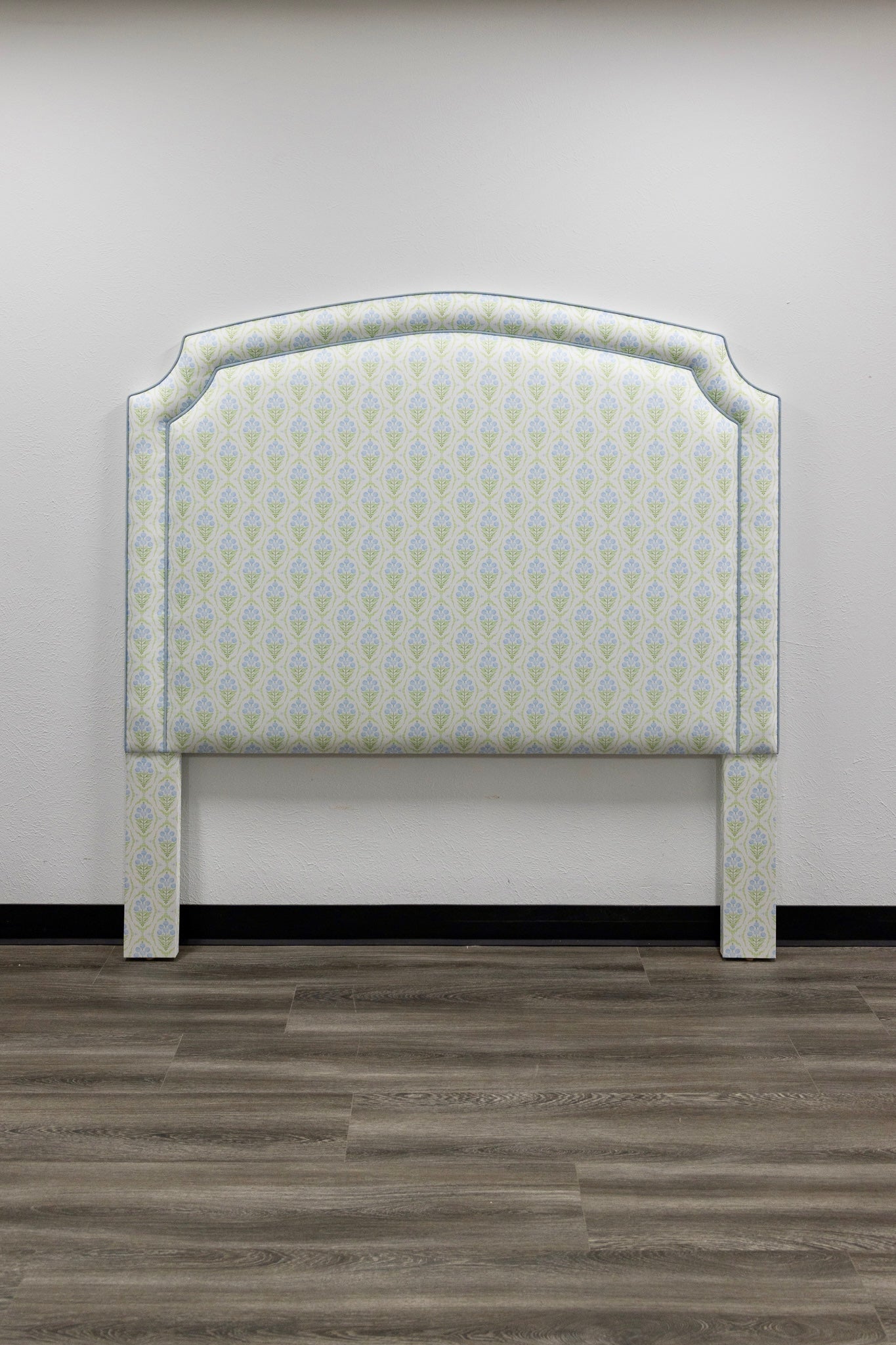 The Aliana Queen Headboard - Blue and Green Satin Fabric - Blue Trim