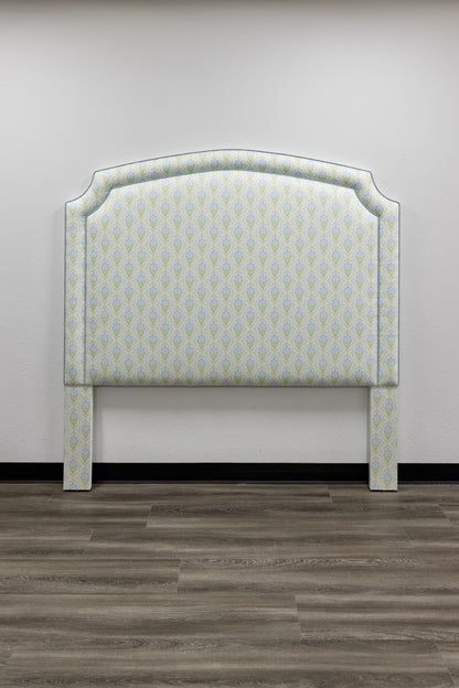 The Aliana Queen Headboard - Blue and Green Satin Fabric - Blue Trim