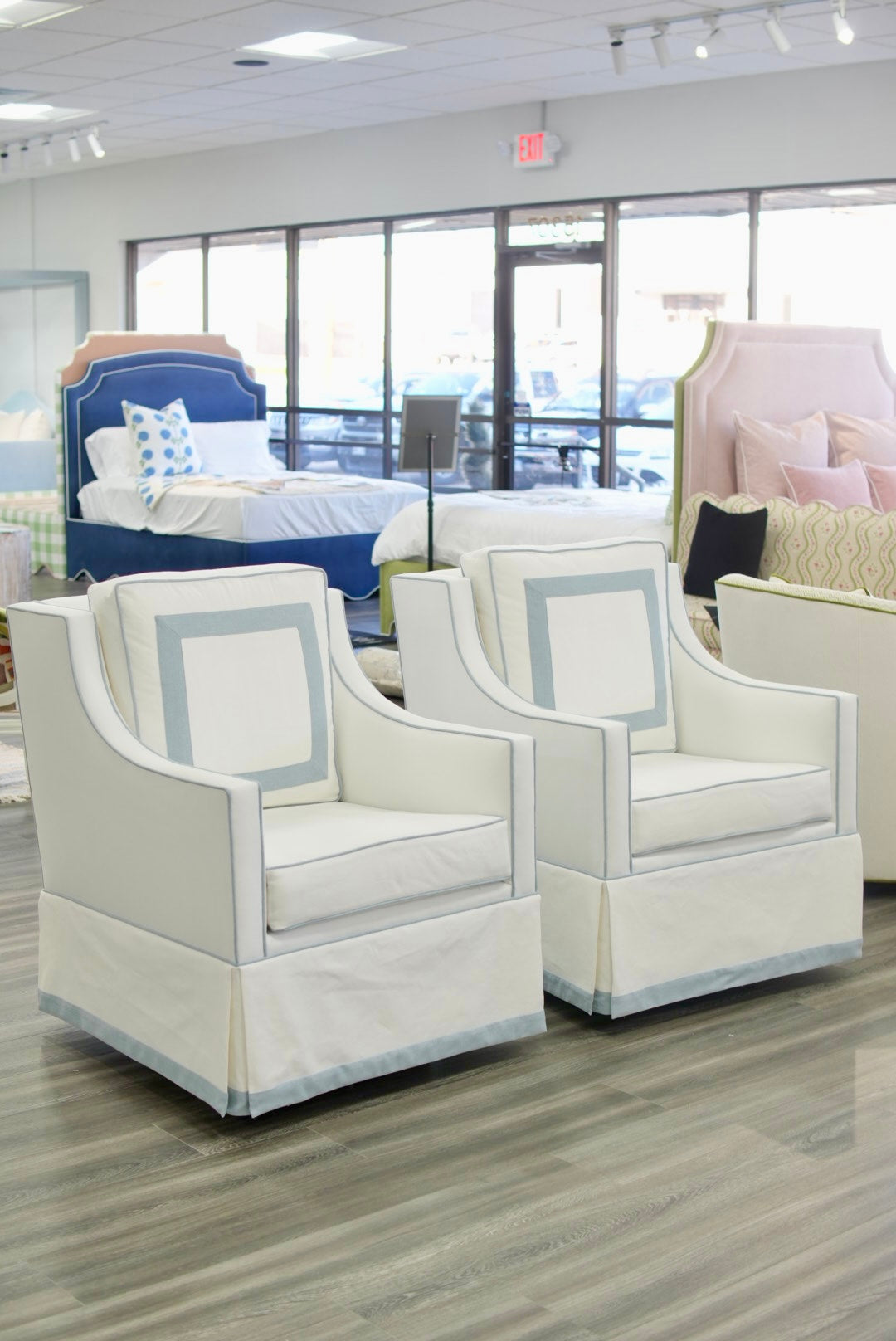 Custom Swivel Glider Chair – White Linen with Sky Blue Trim