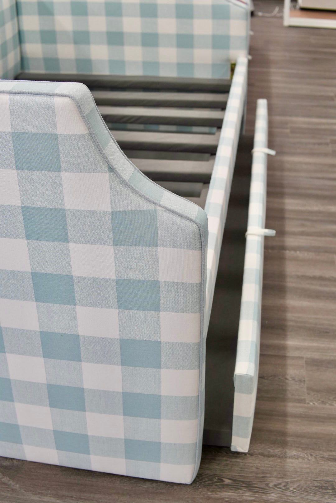 Twin Trundle Daybed - Buffalo Blue Checkered Fabric with Sky Blue Trim