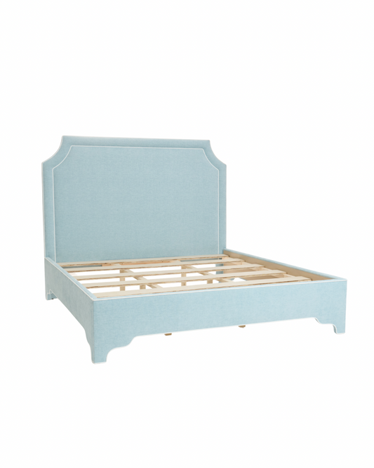 65" H King Platform Bed  - Seafoam Blue Performance Chenille Fabric - White Trim