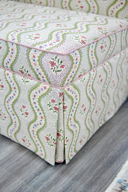 76"L Custom Scalloped Banquette in Natural Luxury Linen - Modern Upholstered Dining Banquette with Pleated Skirt