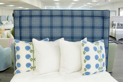 65”H Queen Upholstered Platform Bed - Navy Plaid Fabric - Navy Trim