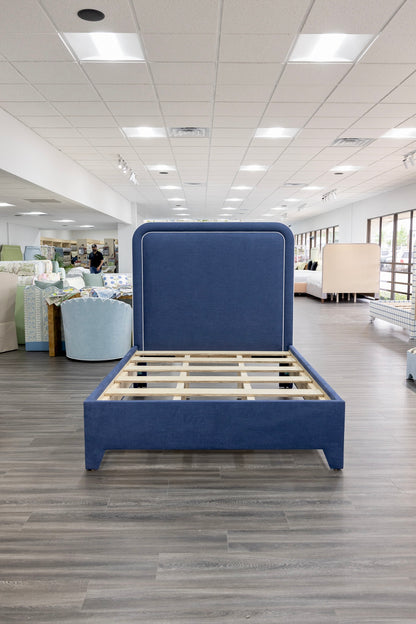 The Lorraine Queen Platform Bed in Navy Woven Fabric - White Trim