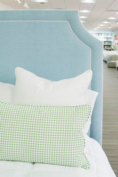 The Addison King Bed - Wooden Legs - Seafoam Blue Chenille Fabric with White Trim