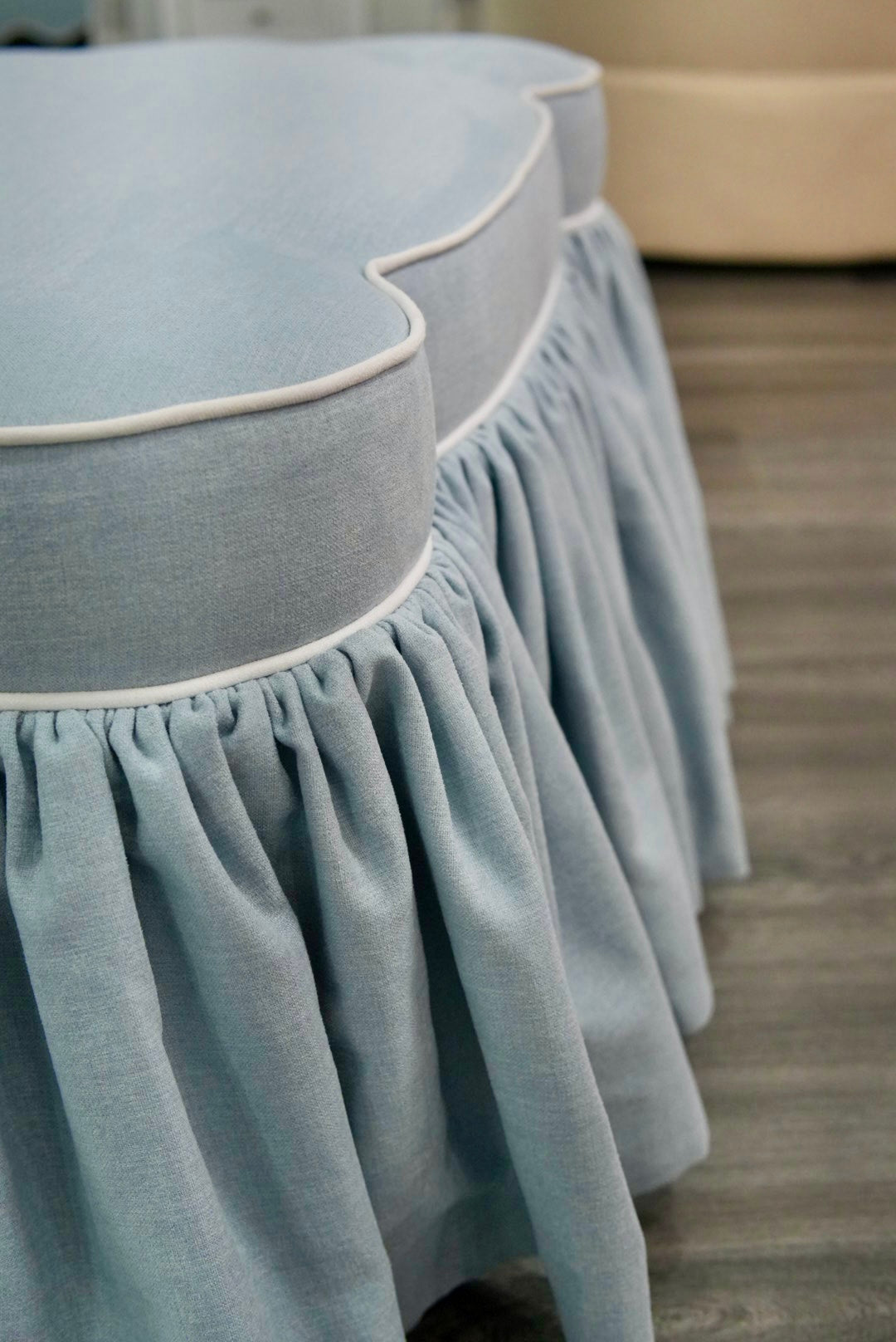 Cloud-Style Skirted Ottoman – Sky Blue Fabric & White Trim