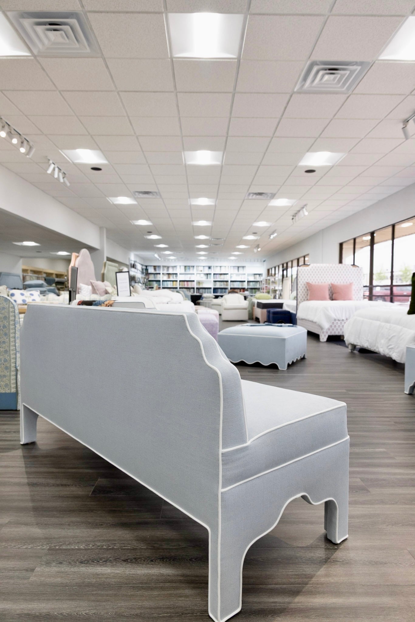The Helena Banquette – Light Blue Crypton Fabric, White Piping