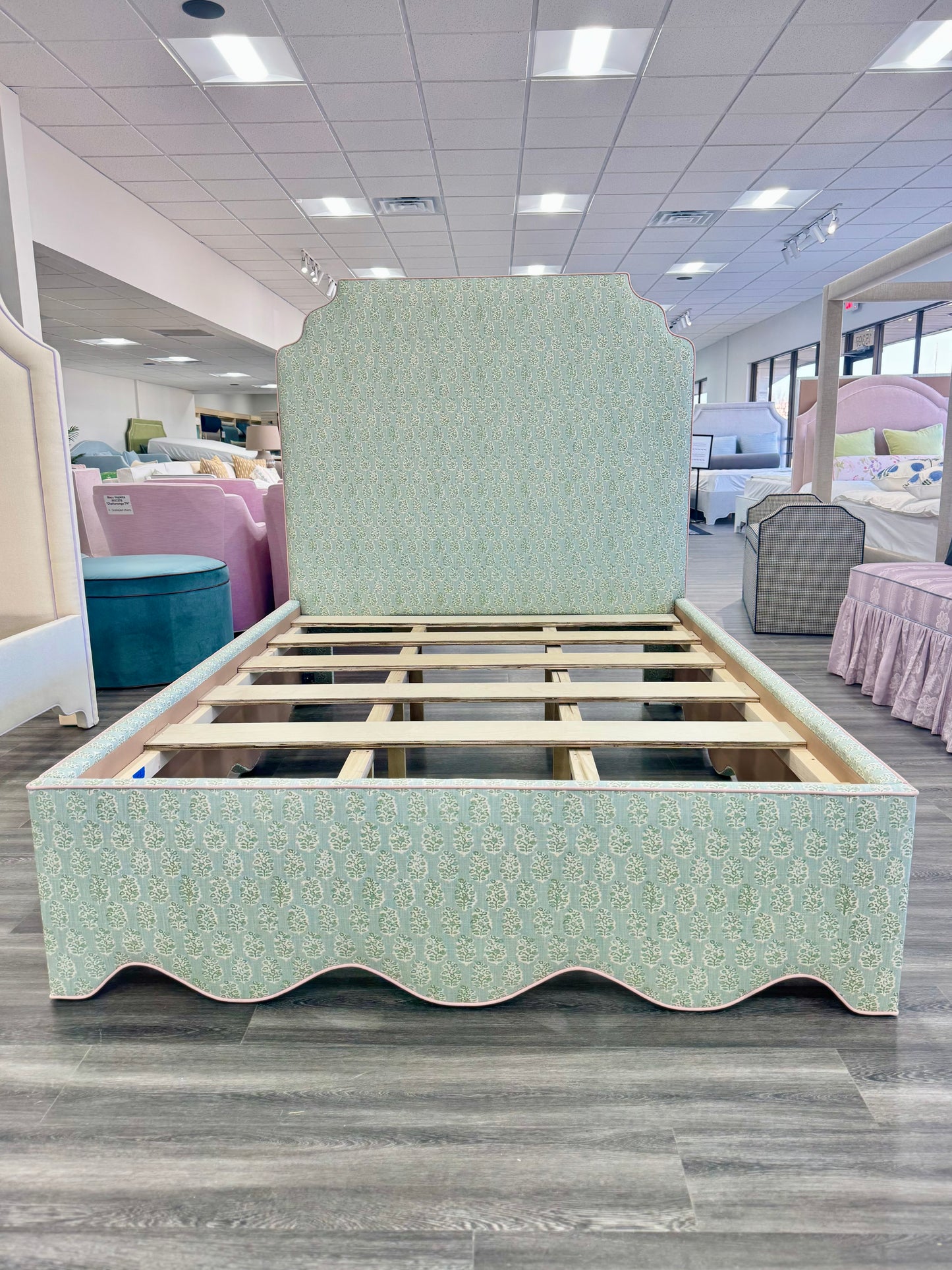 65”H Queen Platform Upholstered Bed - Perry Green Polyester Fabric - Pink Trim