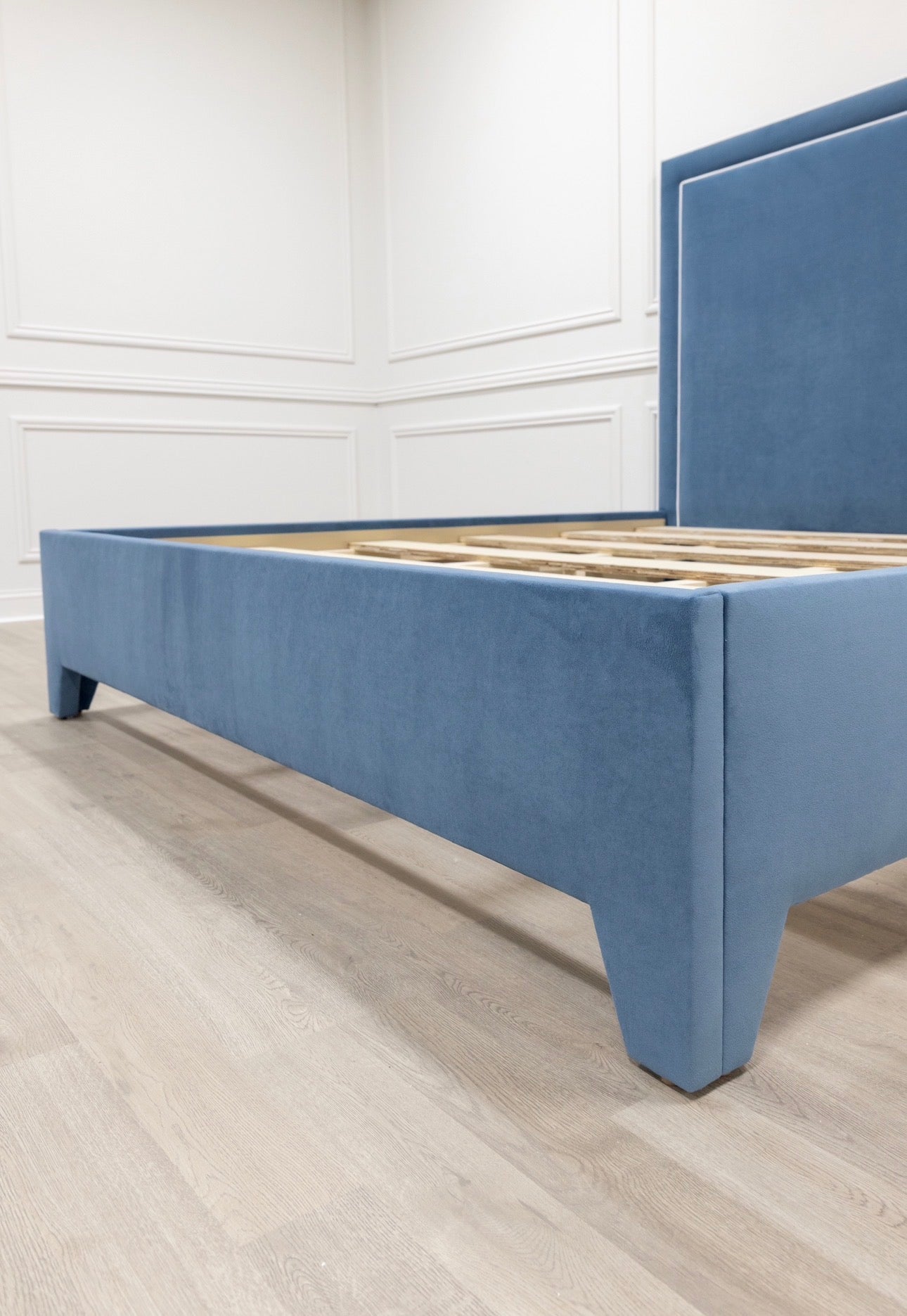 The Jacob King Bed - Upholstered Legs - Ocean Blue Performance Velvet Fabric - White Trim