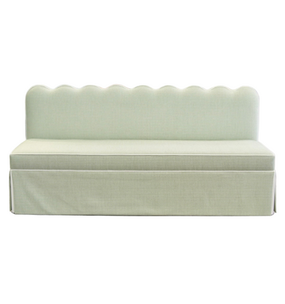 76"L Custom Scalloped Banquette in Darcy Leaf Fabric from Thibaut - Modern Upholstered Dining Banquette with Pleated Skirt