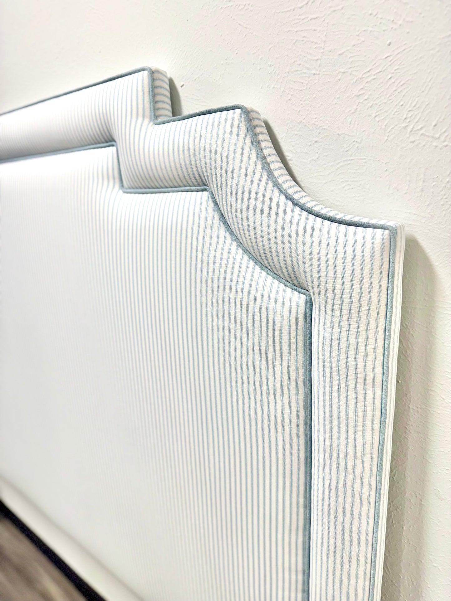 65"H King Headboard in Classic Blue Stripe Fabric - Sky Blue Trim