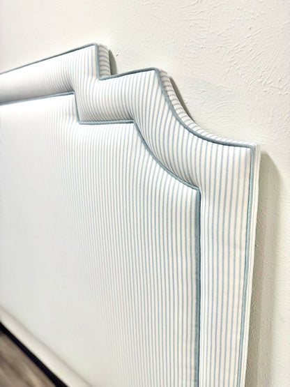 65"H King Headboard in Classic Blue Stripe Fabric - Sky Blue Trim