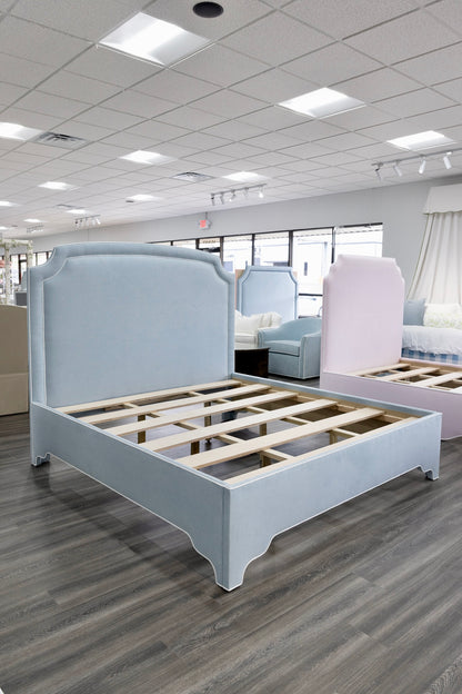 The Aliana King Bed - Scalloped Legs - Sky Blue Woven Fabric with White Trim