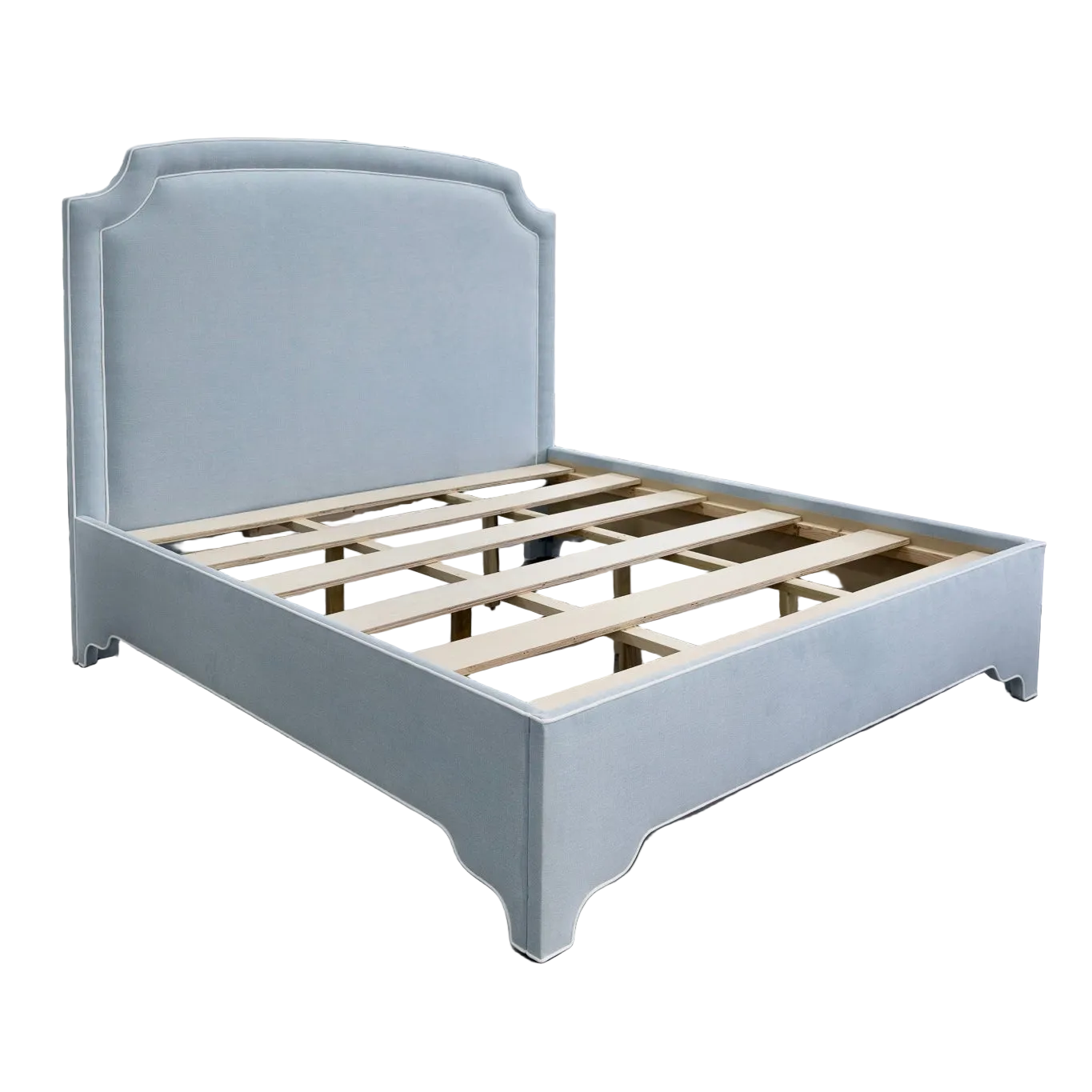 The Aliana King Bed - Scalloped Legs - Sky Blue Woven Fabric with White Trim
