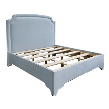 The Aliana King Bed - Scalloped Legs - Sky Blue Woven Fabric with White Trim