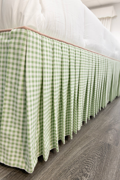 The Addison Queen Bed - Skirted Base - Sage Green Gingham Fabric - Pink Trim