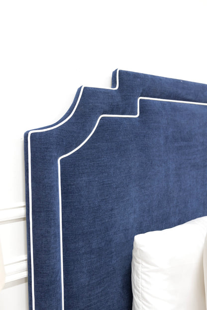 The Martha King Platform Bed - Upholstered Legs - Crypton Fabric in Navy Blue - White Trim