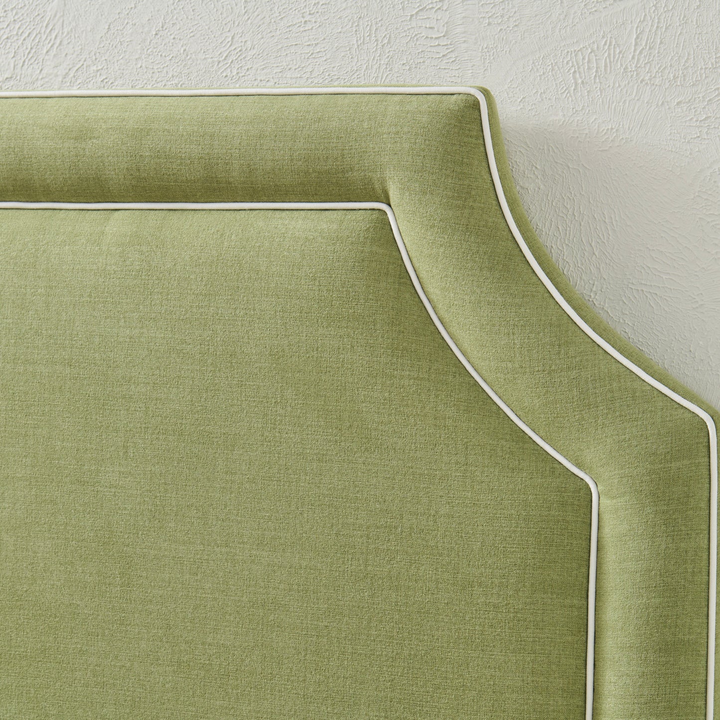 65”H King Upholstered Platform Bed - Scalloped Legs - Pistachio Green Woven Fabric with White Trim