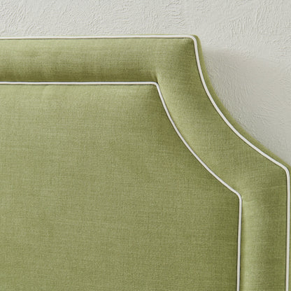 65”H King Upholstered Platform Bed - Scalloped Legs - Pistachio Green Woven Fabric with White Trim