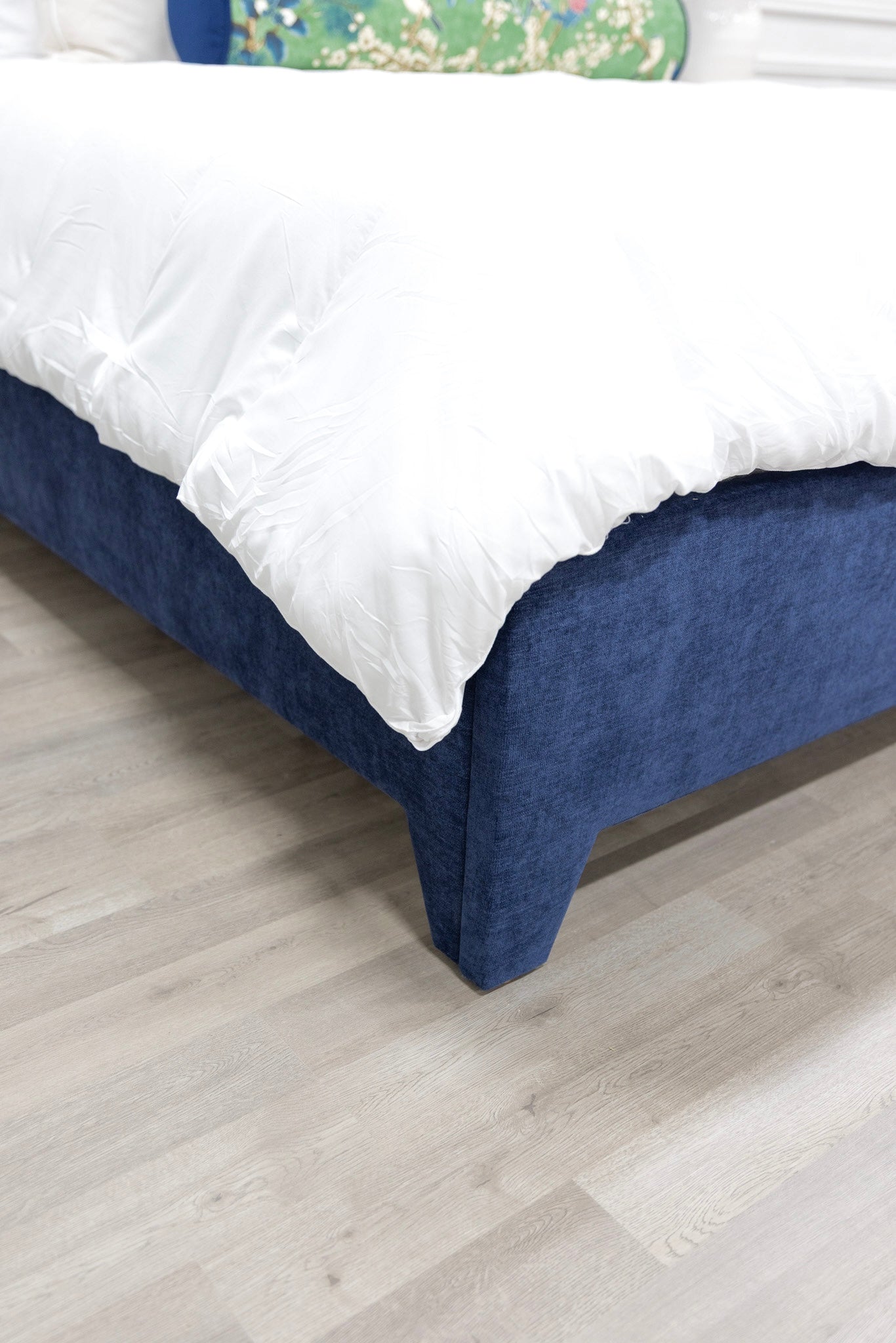 The Martha King Platform Bed - Upholstered Legs - Crypton Fabric in Navy Blue - White Trim