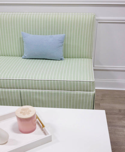  Custom Upholstered Skirted Banquette – Green Striped Fabric, White Piping