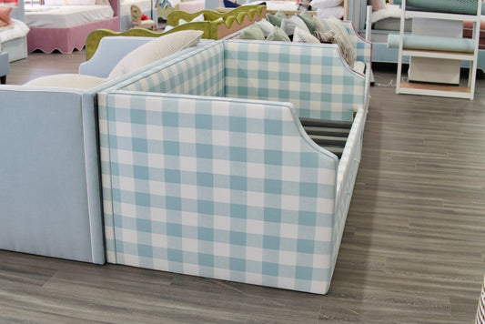 Twin Trundle Daybed - Buffalo Blue Checkered Fabric with Sky Blue Trim