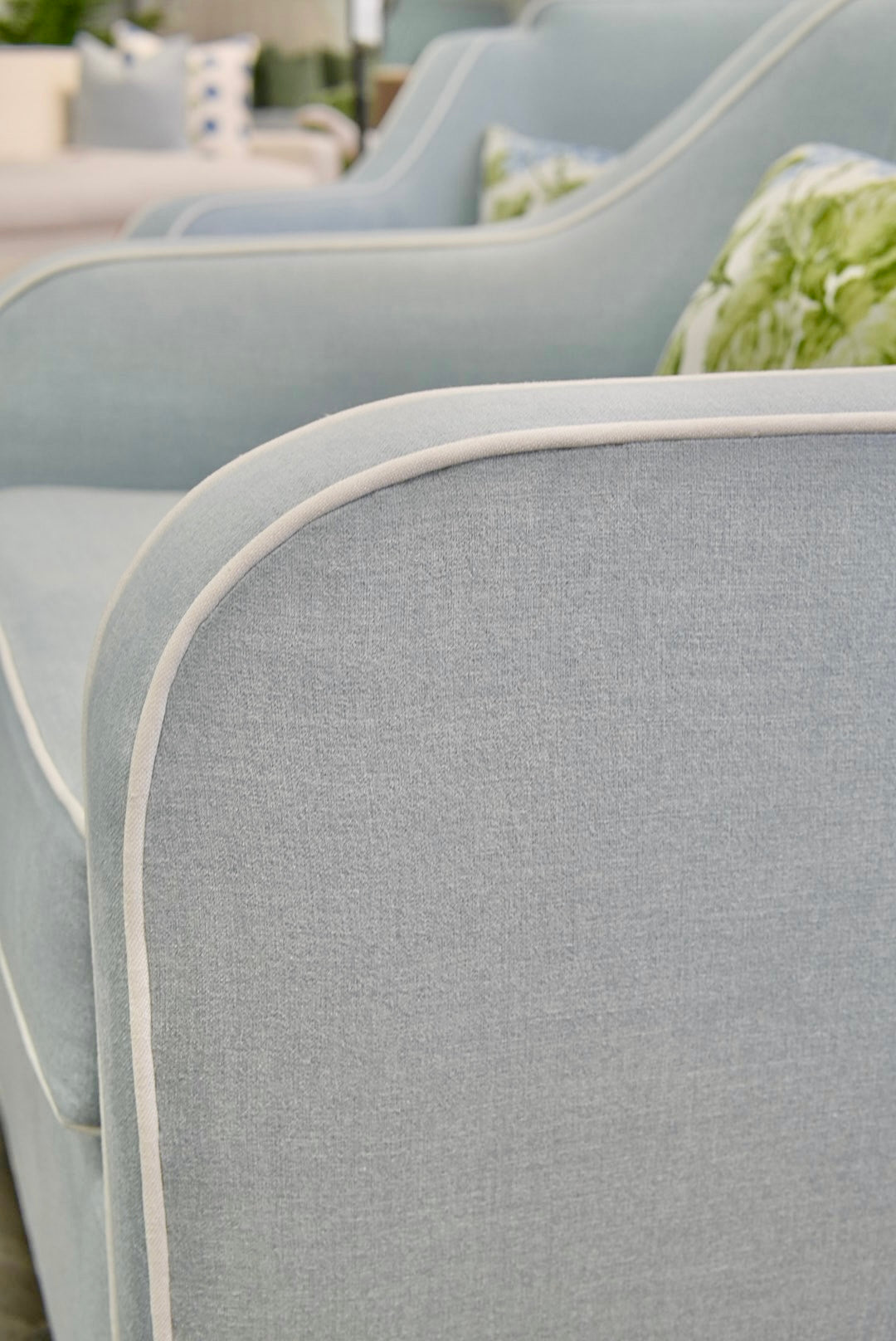 Custom Scalloped Swivel Chair: Sky Blue woven Fabric
