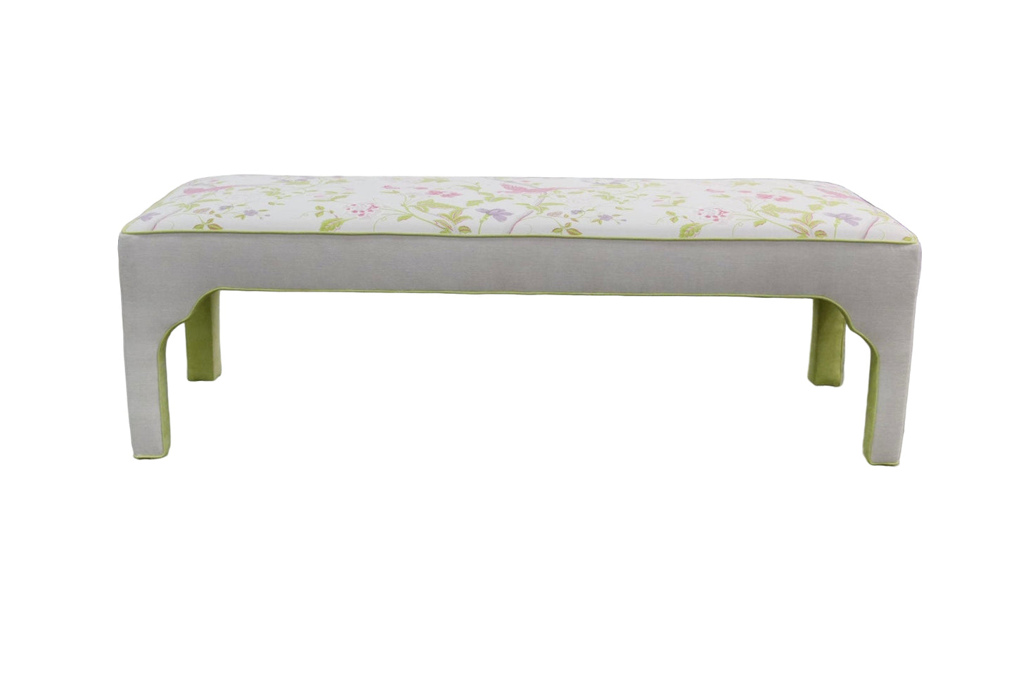 Custom Upholstered Bench in Floral Fabric - Pear Green Trim