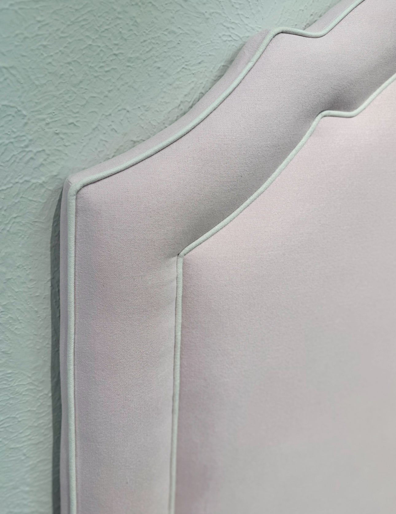 60”H Queen Upholstered Platform Bed - Scalloped Base - Powder Pink Woven Fabric with White Pink