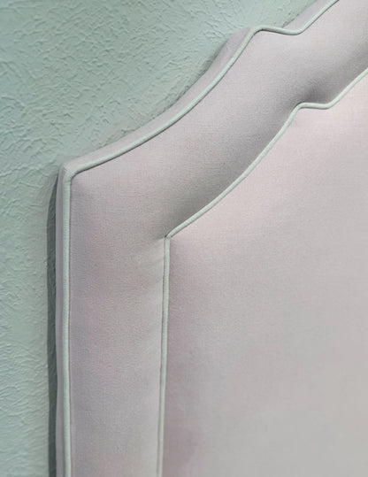 60”H Queen Upholstered Platform Bed - Scalloped Base - Powder Pink Woven Fabric with White Pink