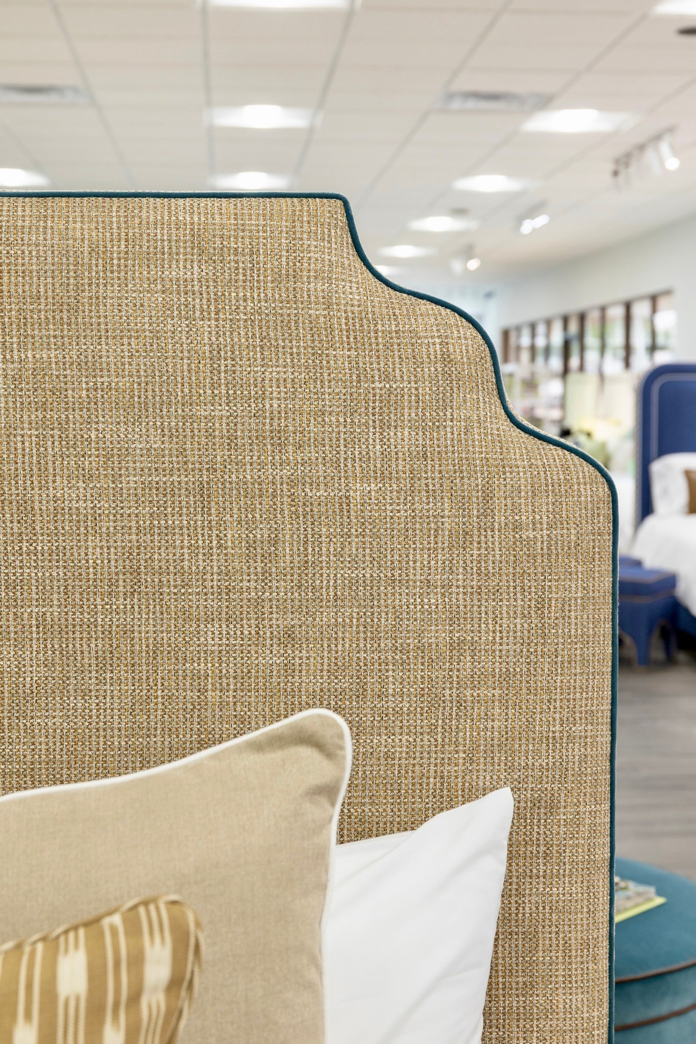 The Helena King Bed - Scalloped Legs - Performance Brown Linen Fabric - Blue Trim