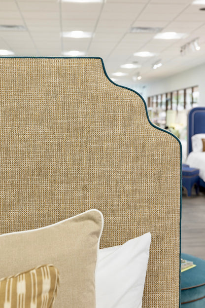 The Helena King Bed - Scalloped Legs - Performance Brown Linen Fabric - Blue Trim