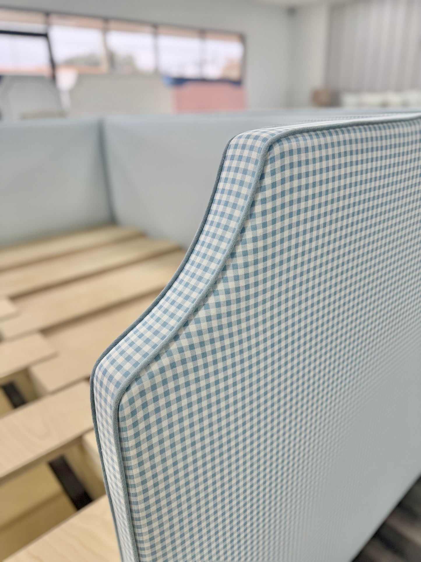 Twin to king Upholstered Trundle Daybed in Blue Gingham fabric - Sky Blue Trim