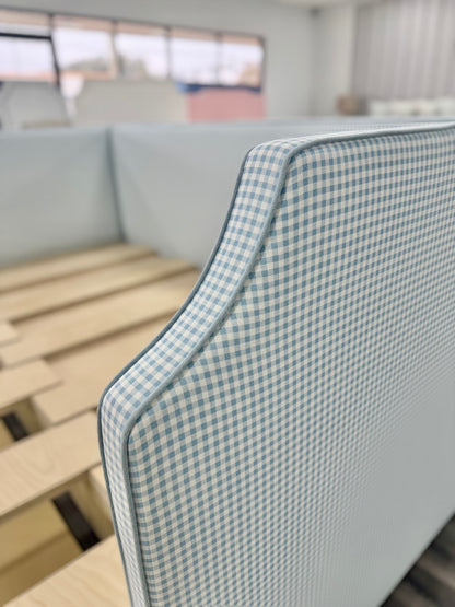 Twin to king Upholstered Trundle Daybed in Blue Gingham fabric - Sky Blue Trim