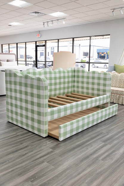 The Waverly Twin Trundle Daybed - Scalloped - Buffalo Sage Green Fabric - White Trim